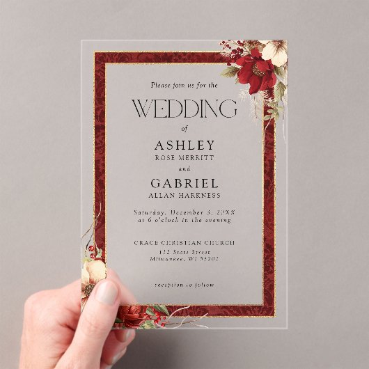 エレガントクリスマス赤ダマスクフローラ アクリル招待状 (インサイチュ (ポータブル))