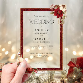 エレガントクリスマス赤ダマスクフローラ アクリル招待状