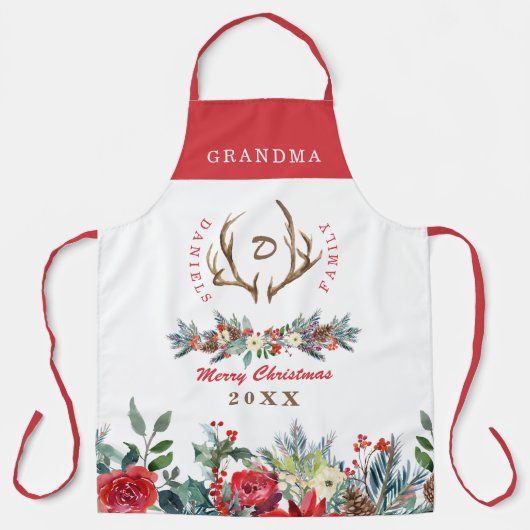 エレガントクリスマス赤フローラファミリー名モノグラム エプロン (正面)