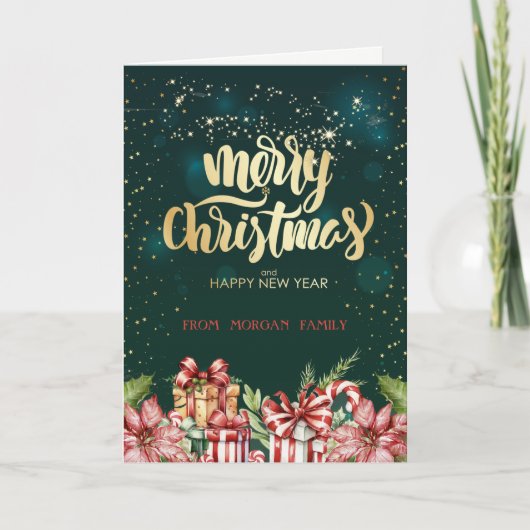 エレガントクリスマス赤プレゼントポインセチア シーズンカード (正面)