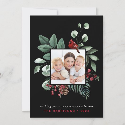 エレガントクリスマス赤（鳥）ショウジョウコウカンチョウフォトブラック シーズンカード (正面)