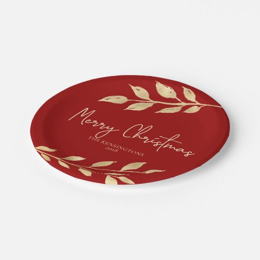 エレガントクリスマス金ゴールドオ離れンホリデーレッド ペーパープレート (アングル)