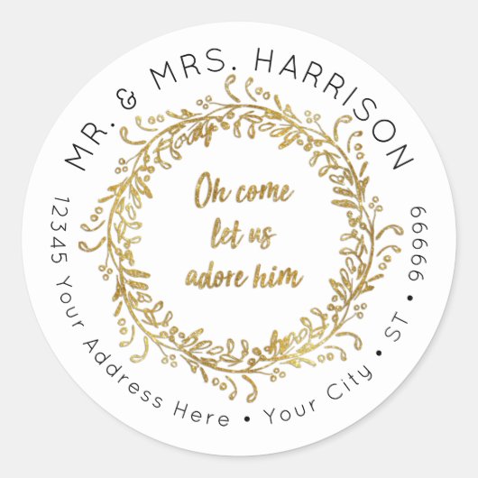 エレガントクリスマス金ゴールドグリッターリーフの葉リース ラウンドシール (正面)