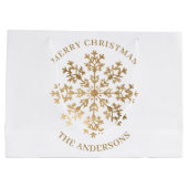 エレガントクリスマス金ゴールドスノーフレーク名 ラージペーパーバッグ (裏面)
