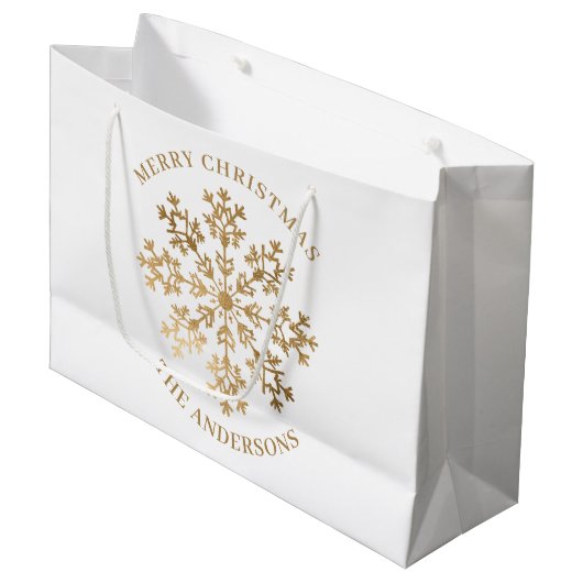 エレガントクリスマス金ゴールドスノーフレーク名 ラージペーパーバッグ (正面アングル)