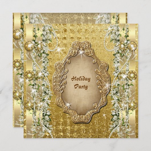 エレガントクリスマス「ホリデーパーティー」金ゴールドカスタム 招待状 (正面/裏面)