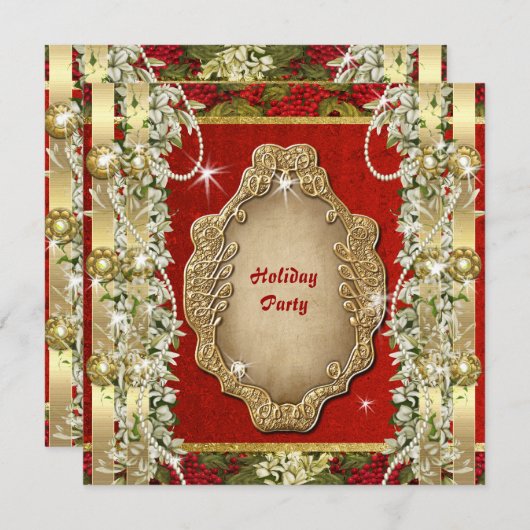 エレガントクリスマス「ホリデーパーティー」金ゴールドカスタム 招待状 (正面/裏面)