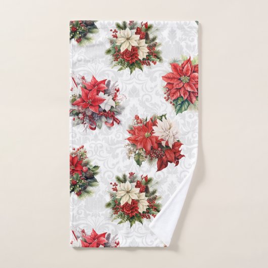エレガントクリスマス・ポインセチアとダマスク バスタオルセット (ハンドタオル)