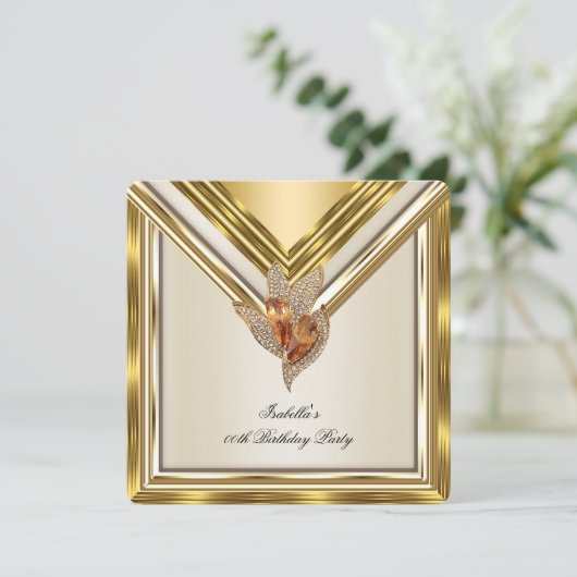 エレガントクリームベージュアンバー金ゴールド誕生日パーティー 招待状 (スタンド正面)