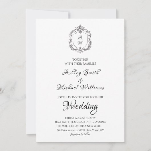 エレガントクレストミニマルフォーマルリスト結婚モノグラム 招待状 (正面)