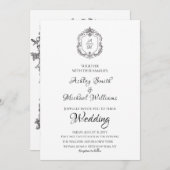 エレガントクレストミニマルフォーマルリスト結婚モノグラム 招待状 (正面/裏面)