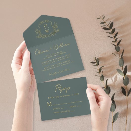 エレガントクレストモノグラム結婚Sage オールインワン招待状