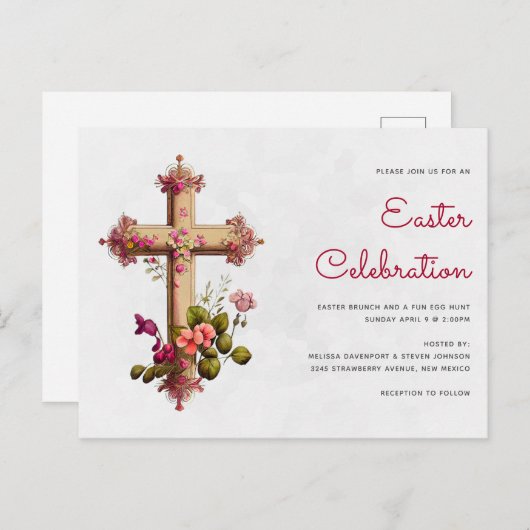 エレガントクロスとピンクの花イースターパーティー ポストカード (正面/裏面)
