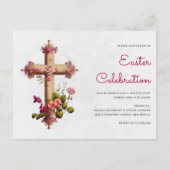 エレガントクロスとピンクの花イースターパーティー ポストカード (正面)