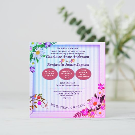 エレガントグラデーションのピンクと緑の結婚フローラ 招待状 (スタンド正面)