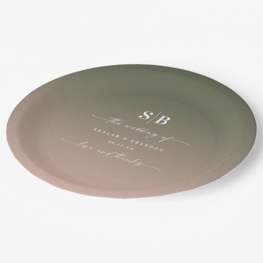 エレガントグラデーショングリーンとピモノグラムのッ結婚ク ペーパープレート (アングル)