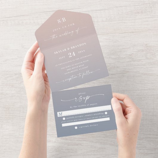 エレガントグラデーションモノグラムピンク&ダスティブルー結婚ズ オールインワン招待状 (貼ってはがせる)