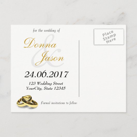 エレガントグリッターの結婚リングや輪日付カードを保存する 案内ポストカード (裏面)