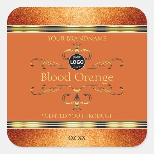 エレガントグリッターオレンジ色の金ゴールド製品ラベル追加ロゴ スクエアシール (正面)