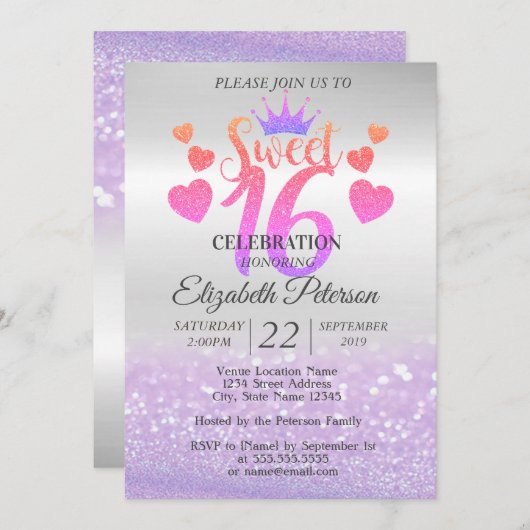 エレガントグリッターグラデーション《写真》ぼけ味,ティアラ,甘い16パーティー 招待状 (正面/裏面)
