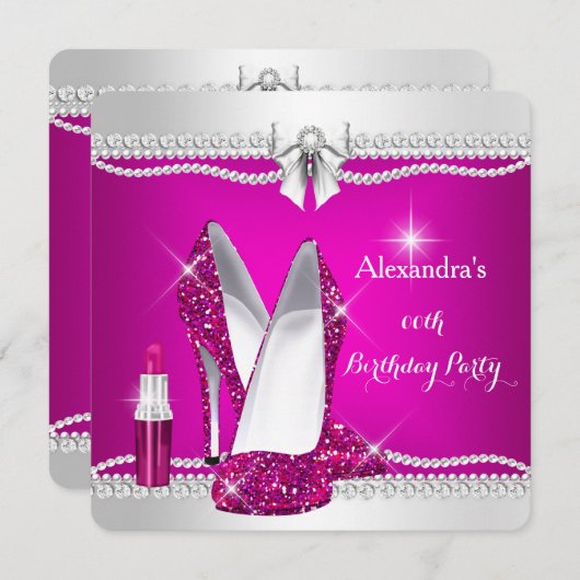 エレガントグリッターグラモールピンクハイヒールリップスティック 招待状 (正面/裏面)