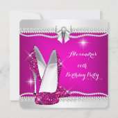 エレガントグリッターグラモールピンクハイヒール誕生日 招待状 (正面)