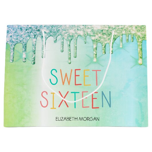 エレガントグリッターグリーンドリップスカラフルスイート16 ラージペーパーバッグ (正面)