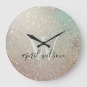 エレガントグリッターグリーンピンクアクアシャイニーきらめく ラージ壁時計 (正面)