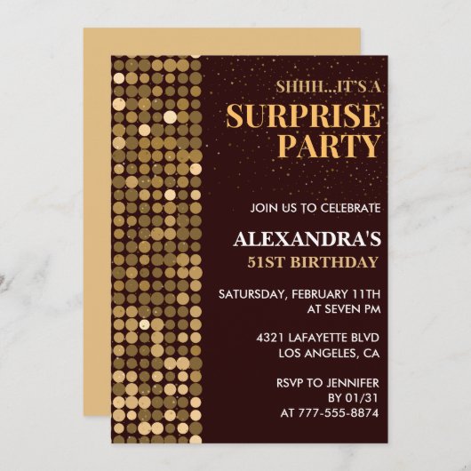 エレガントグリッターサプライズパーティー金ゴールド51歳 招待状 (正面/裏面)