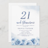 エレガントグリッタースクリプト青フローラ21歳の誕生日 招待状 (正面/裏面)