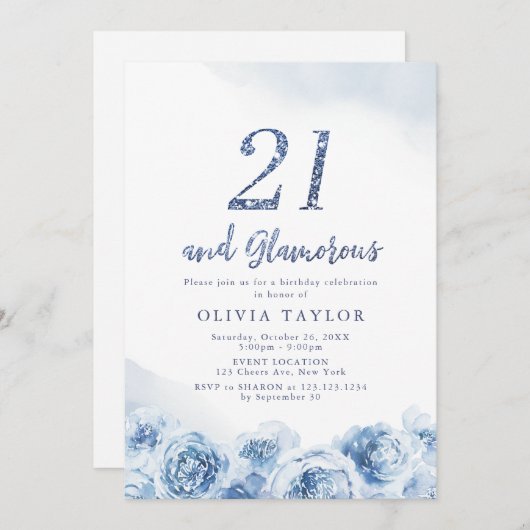 エレガントグリッタースクリプト青フローラ21歳の誕生日 招待状 (正面/裏面)