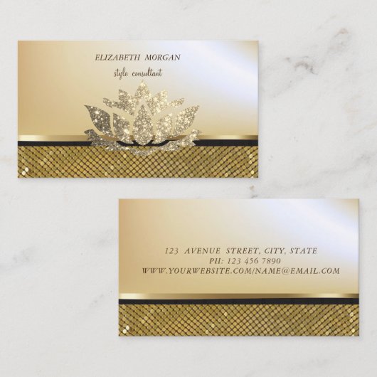 エレガントグリッタースタイリッシュロータス金ゴールドシークイン 名刺 (正面/裏面)