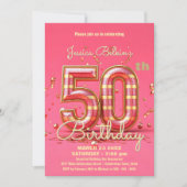エレガントグリッターストライプのピンク&金ゴールド50誕生日 招待状 (正面)