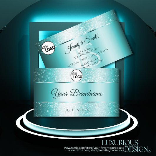 エレガントグリッターティール（緑がかった色）のグラデーションイニシャルとロゴ 名刺