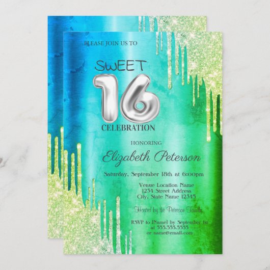 エレガントグリッタードリップスグリーンスウィート16 招待状 (正面/裏面)