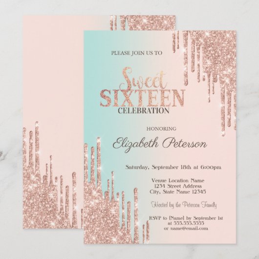 エレガントグリッタードリップバラ金ゴールドグラデーションスウィート16 招待状 (正面/裏面)