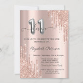 エレガントグリッタードリップバラ金ゴールド11誕生日 招待状 (正面)