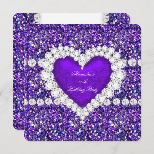 エレガントグリッターパープルハート誕生日パーティー 招待状 (正面/裏面)