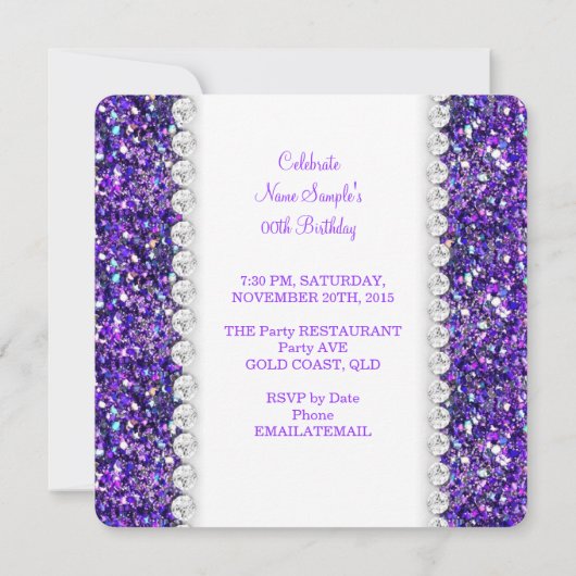 エレガントグリッターパープルハート誕生日パーティー 招待状 (裏面)