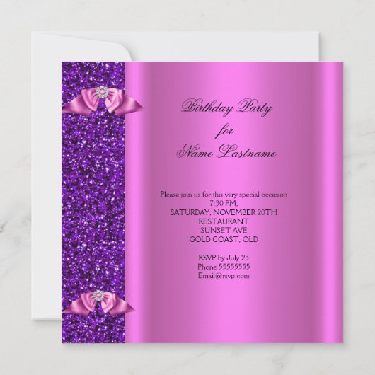 エレガントグリッターパープルピンクダイヤモンドボウ誕生日 招待状 (裏面)