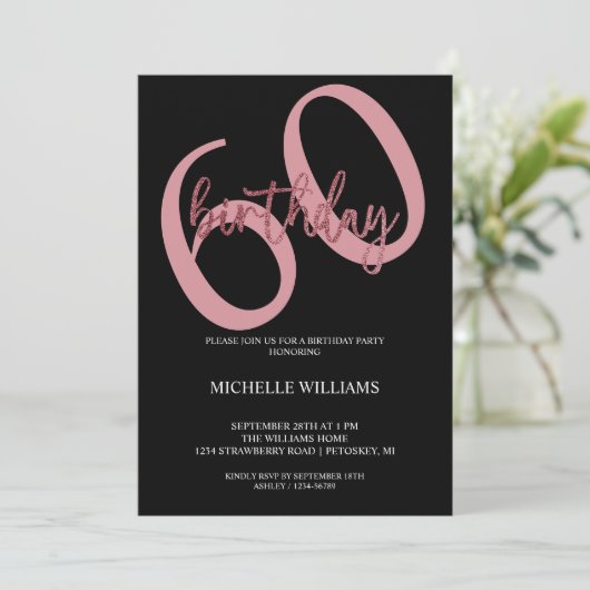 エレガントグリッターピンク書道誕生日インビタティ 招待状 (スタンド正面)