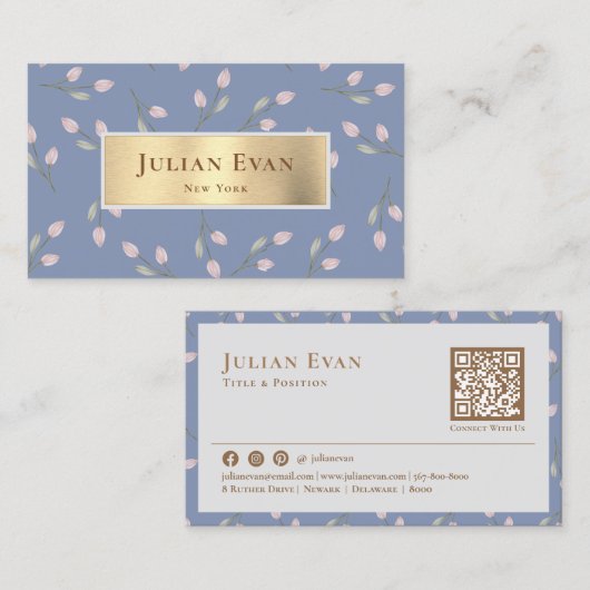 エレガントグリッターフェミニン金ゴールドダスティーブルーブルフローラ 名刺 (正面/裏面)