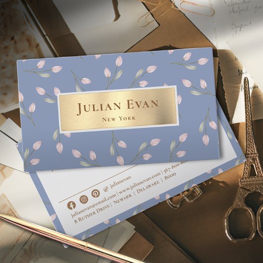 エレガントグリッターフェミニン金ゴールドダスティーブルーブルフローラ 名刺