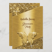 エレガントグリッターフォイル輝くシックな金ゴールド蝶 招待状 (正面/裏面)