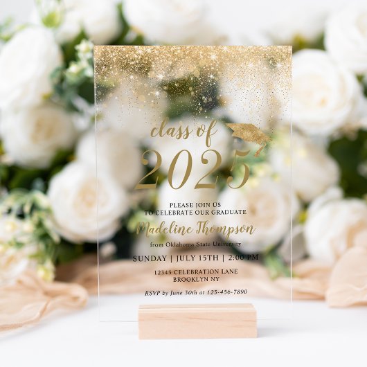 エレガントグリッターブラック金ゴールドハット卒業パーティー アクリル招待状