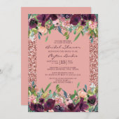 エレガントグリッターブルゴーニュピンクフローラブライダルシャワー 招待状 (正面/裏面)