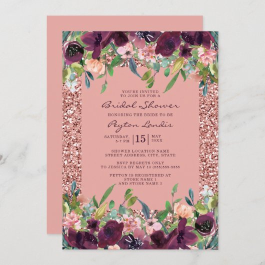 エレガントグリッターブルゴーニュピンクフローラブライダルシャワー 招待状 (正面/裏面)