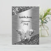 エレガントグリッターホイル輝くシックなシルバーバタフライ 招待状 (スタンド正面)