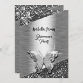 エレガントグリッターホイル輝くシックなシルバーバタフライ 招待状 (正面/裏面)