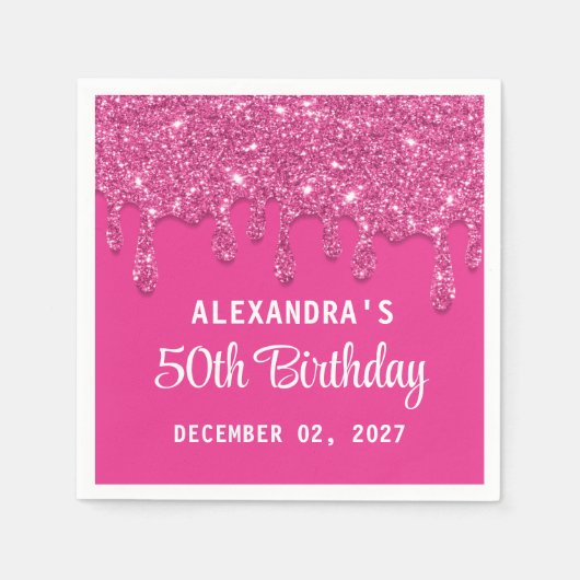 エレガントグリッターホットピンクドリップス50誕生日 スタンダードカクテルナプキン (正面)